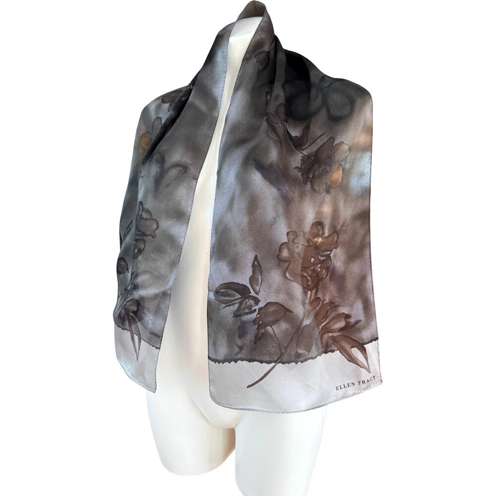 Vintage Ellen Tracy 90s Silk Scarf Gray Black Floral Formal NWOT 11x52 - Picture 4 of 10